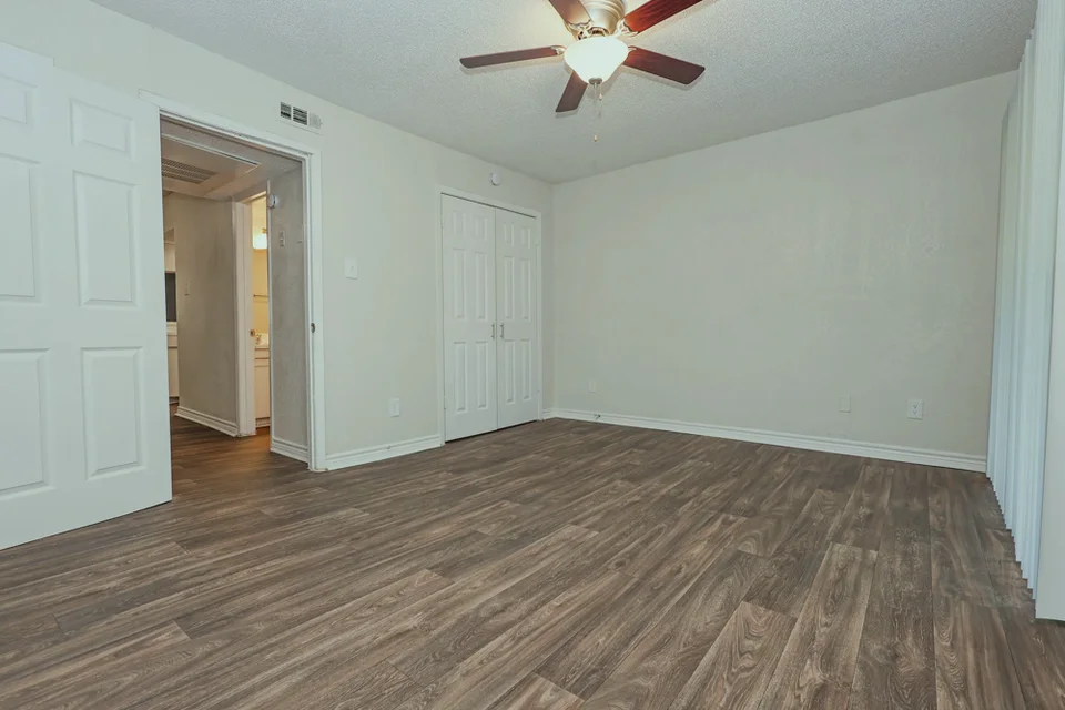 A bedroom with a double closet and a door through to the hall.