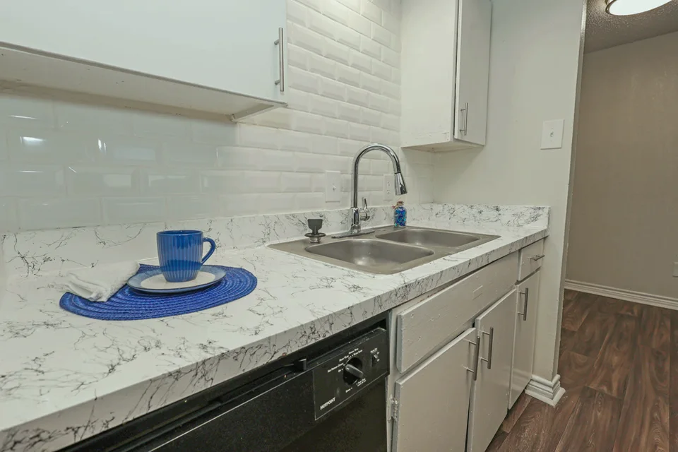 A kitchen sink under white subway tile, with the dishwasher beside it.