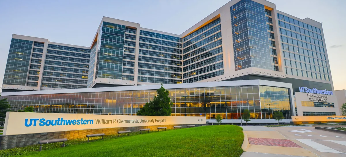 The UT Southwestern William P. Clements Jr. University Hospital building and its ground sign.