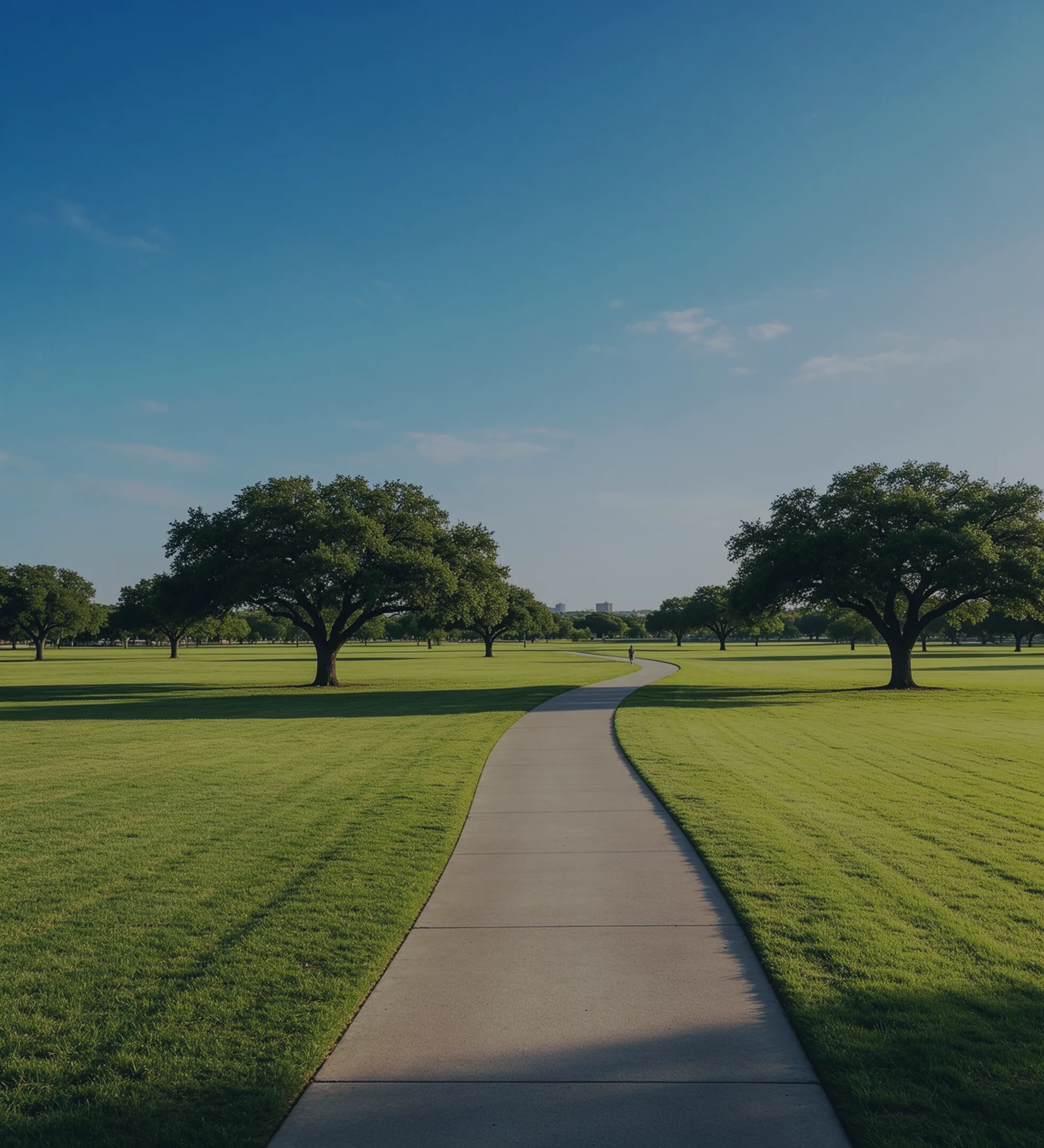 A paved walking trail curving away across open parkland between two broad live oaks.