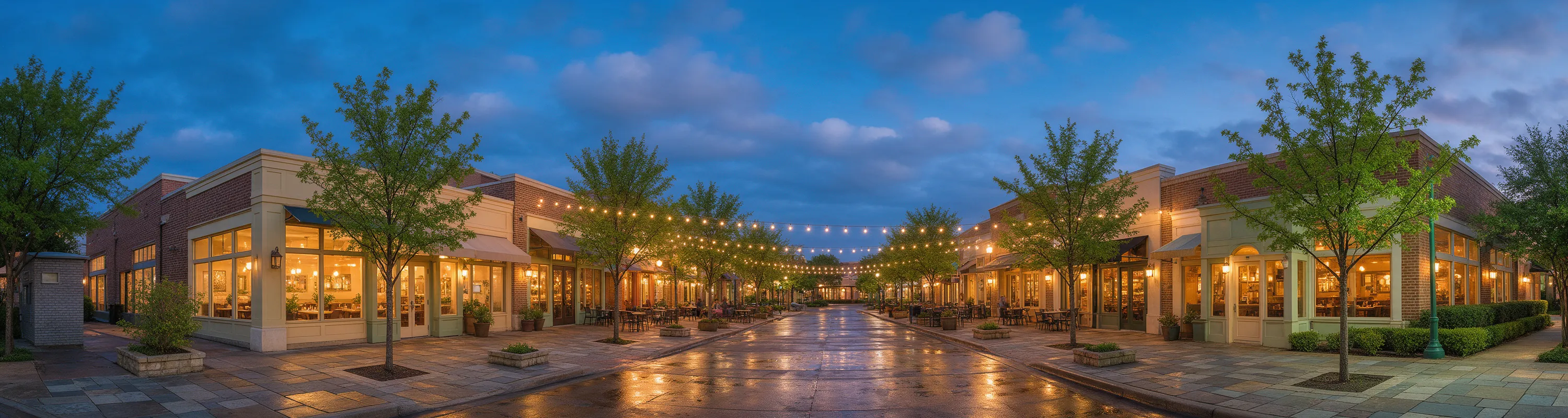 A dining street at dusk, warm light in the storefront windows and bulbs strung overhead.