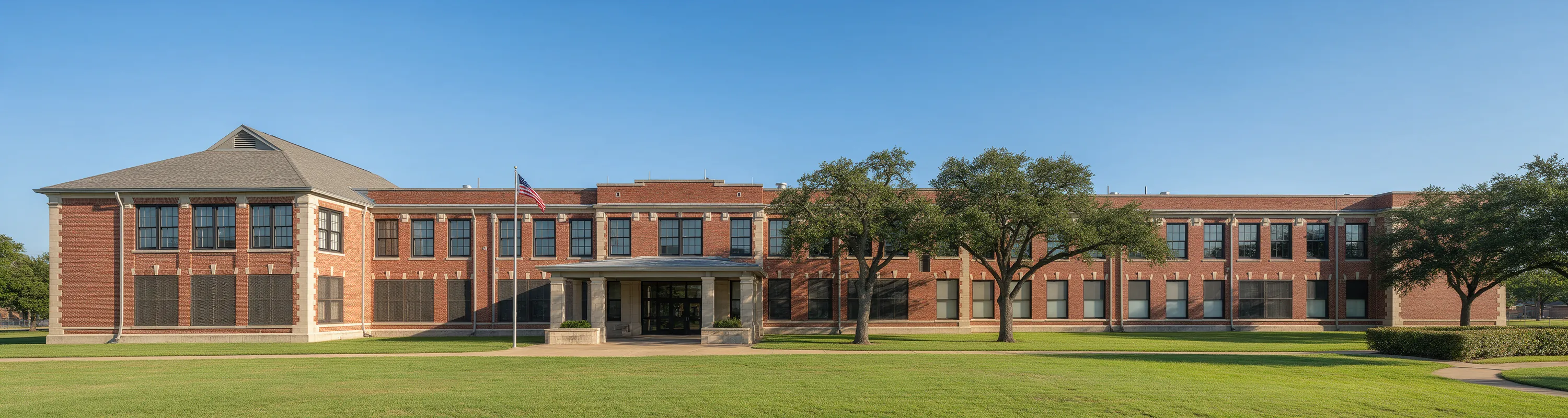 A brick school building behind a mown lawn and live oaks on a clear morning.