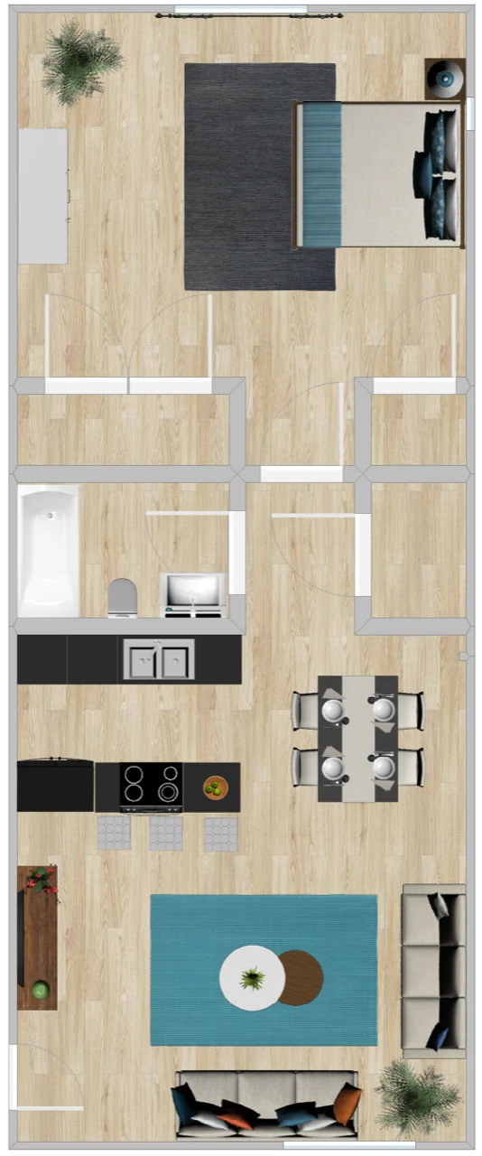 Floor plan drawing of the one bedroom, kitchen and living room at the entry and the bedroom at the far end.