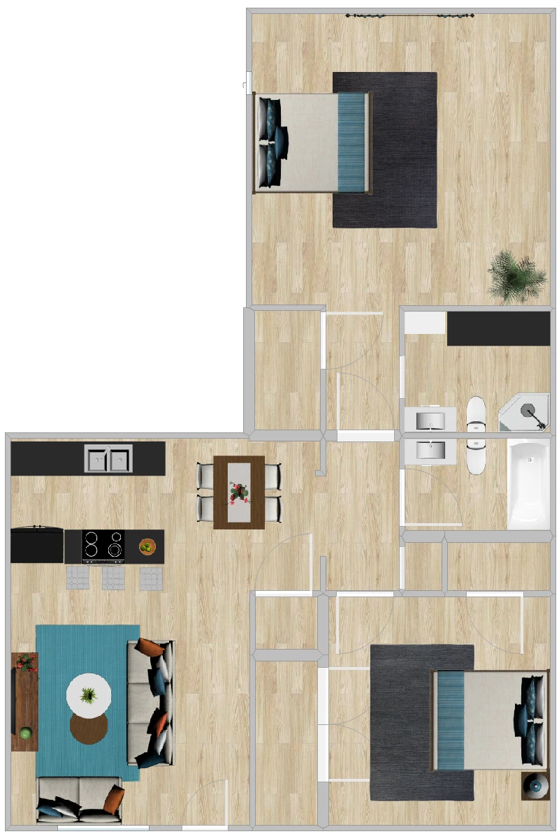 Floor plan drawing of the two bedroom, bedrooms at opposite ends with two bathrooms between them.